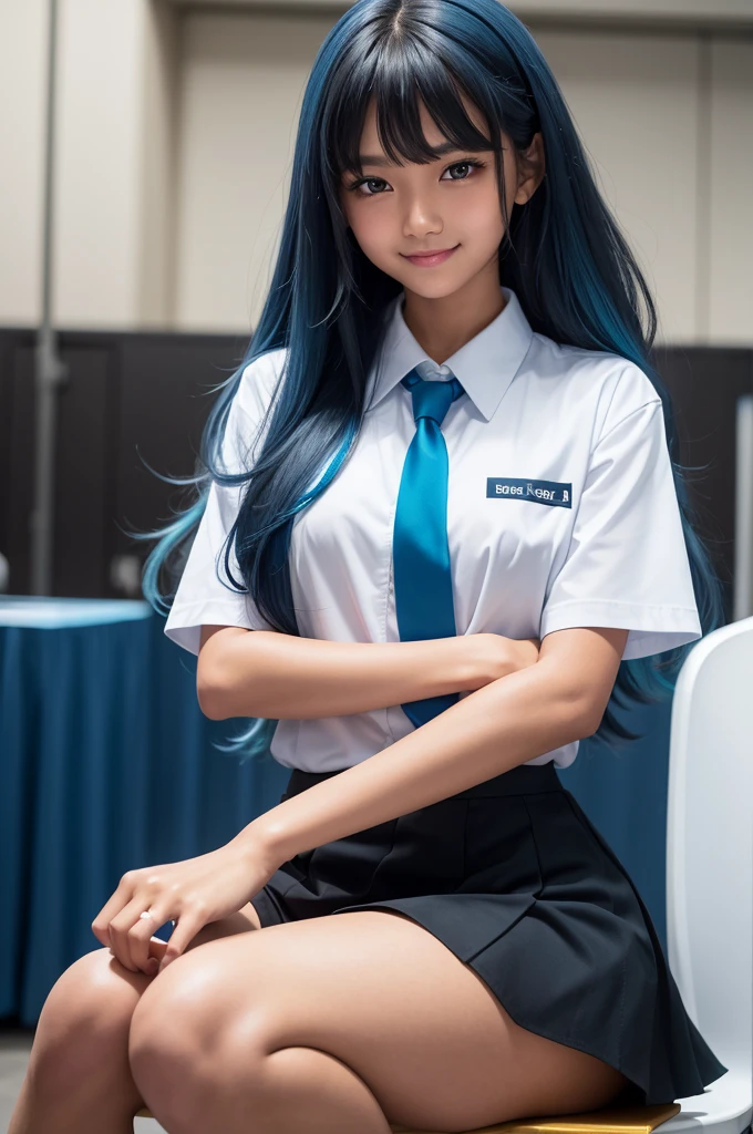 a girl with very tanned skin tanned skin brown skin, long wavy hair with short straight bangs in cyan blue color from root to length cyan blue hair and blue eyes in a white battle ring with an audience of girls wearing school uniforms and colored hair. The girl wears the uniform consists, short sleeve white collared t-shirt, black tie and black skirt. she smiles. ultrarealistic image