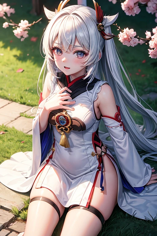 Best Quality,High resolution,8k,finelity detailed background,Masterpiece:1.2),beautiful girl,Glossy romance gray hair,pony tail,Gray eyes,Gentle look,A refreshing look,smile,Best quality,Best Quality,Aesthetic and aesthetic:1.2,Best details((Super detailed))(High-definition CG illustrations),China dress,Slender body,Japanese garden,smile,blush,cute,Scrounge,Looking up,Being spoiled,super model