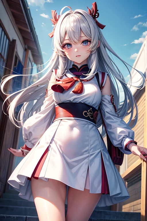 keqing ,genshin impact,anime girl,only at school,day lived,wide, White dress, beautiful, super realistic, high quality