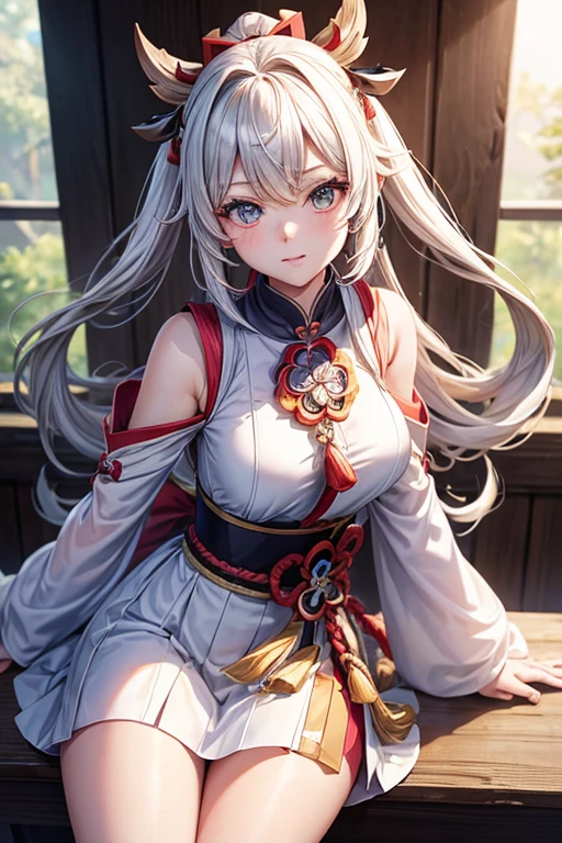 ((Ultra-detailed,Photorealistic,Ultra-high resolution,Highest quality,8k,Tabletop:1.3)), fox girl,miko,small breasts,mesugaki,Minimum body,silver hair