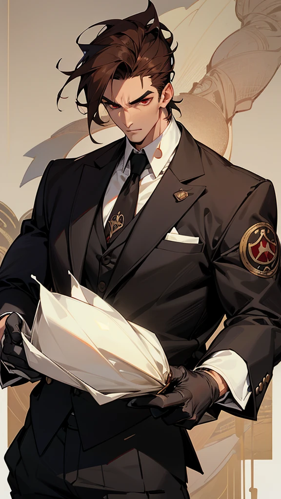 Mafia,male,45 years old,exuding a dangerous aura,white skin,well-proportioned figure,handsome face,ivory skin,strong physique,red eyes,brown hair,prominent eyebrows,intricate and detailed retro gun tattoos on both arms,black jacket,pants and gloves,and a stern face. A cigar is biting on his mouth,anime,