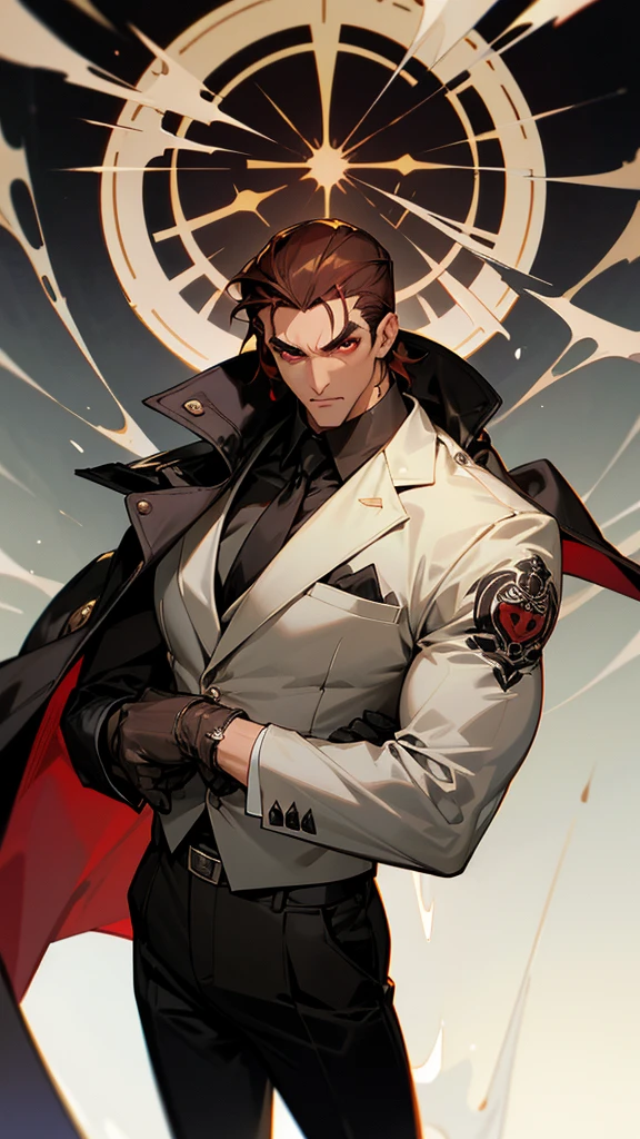 Mafia,male,45 years old,exuding a dangerous aura,white skin,well-proportioned figure,handsome face,ivory skin,strong physique,red eyes,brown hair,prominent eyebrows,intricate and detailed retro gun tattoos on both arms,black jacket,pants and gloves,and a stern face. A cigar is biting on his mouth,anime,