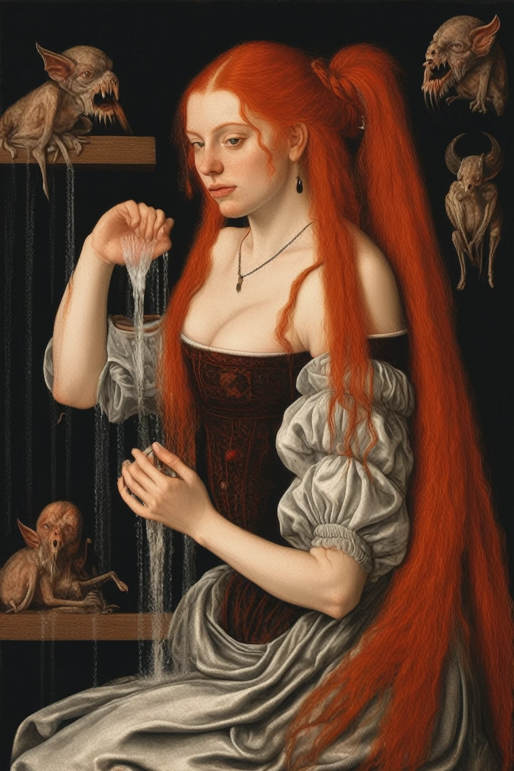 Portrait of a beautiful court lady washing her long red hair while succubi whisper in her ear, todo con el estilo de Lucas Cranach Style - Renaissance and Impressionism to wild contemporary art.