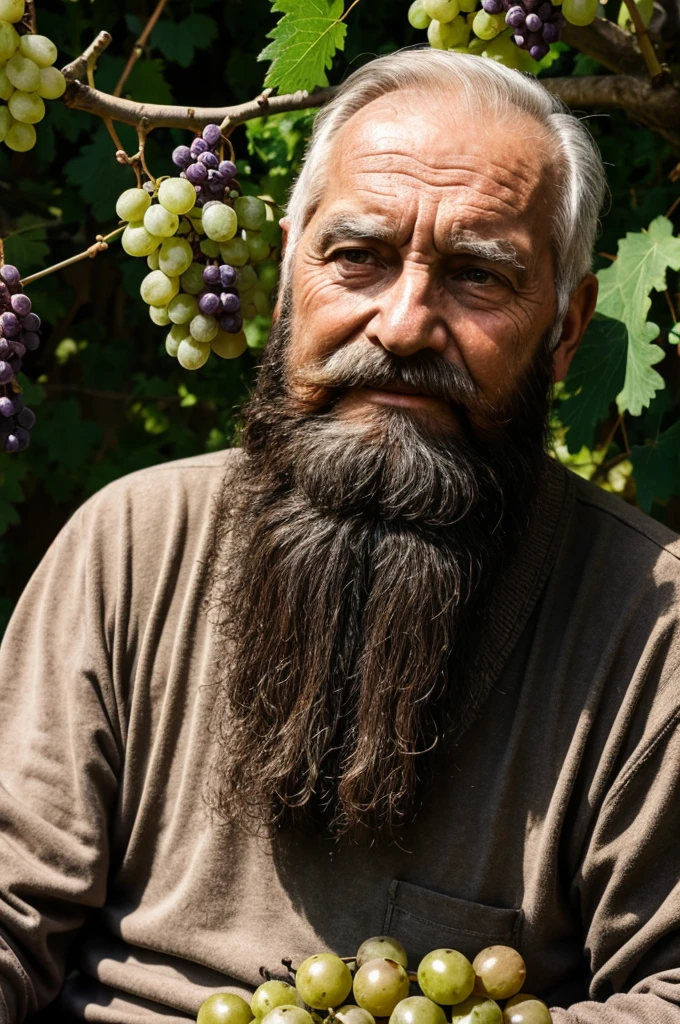 old man 90 years old beard big bunch of grapes