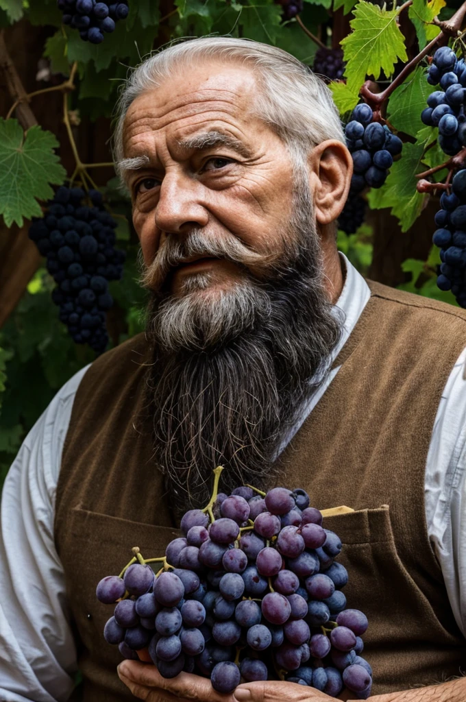 old man 90 years old beard big bunch of grapes