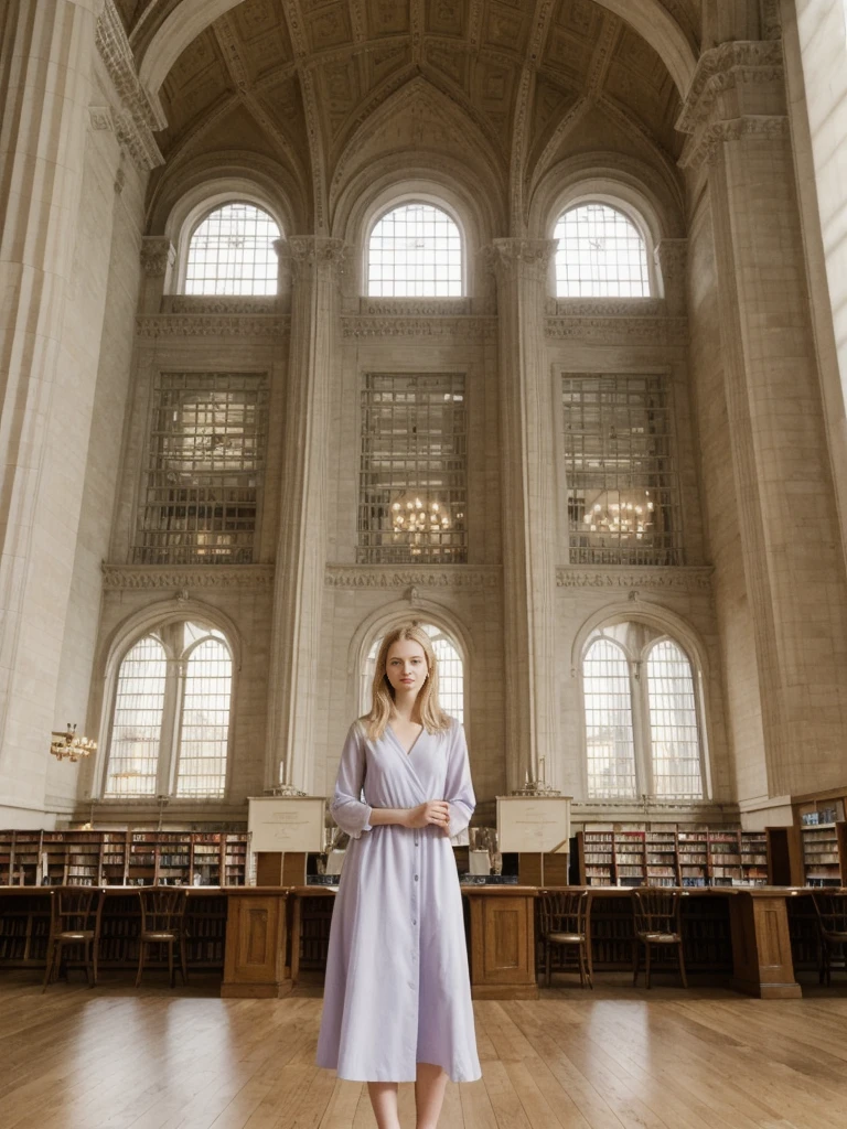 her name is Marie, high quality, 1girl, ((20-year-old fit Caucasian woman)), ((20 years old)), ((fit)), ((pale skin tone)), medium length straight blonde hair , wearing Pastel Lavender Linen Wrap Dress, pose: standing, background: Write about the tranquil ambiance of the New York Public Library's Rose Main Reading Room, where rows of elegant oak tables are bathed in natural light from the massive windows.