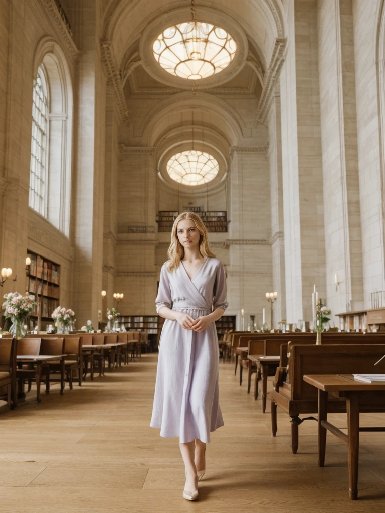 her name is Marie, high quality, 1girl, ((20-year-old fit Caucasian woman)), ((20 years old)), ((fit)), ((pale skin tone)), medium length straight blonde hair , wearing Pastel Lavender Linen Wrap Dress, pose: standing, background: Write about the tranquil ambiance of the New York Public Library's Rose Main Reading Room, where rows of elegant oak tables are bathed in natural light from the massive windows.