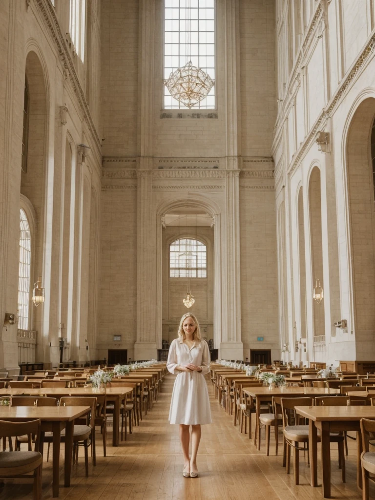 her name is Marie, high quality, 1girl, ((20-year-old fit Caucasian woman)), ((20 years old)), ((fit)), ((pale skin tone)), medium length straight blonde hair , wearing Pastel Lavender Linen Wrap Dress, pose: standing, background: Write about the tranquil ambiance of the New York Public Library's Rose Main Reading Room, where rows of elegant oak tables are bathed in natural light from the massive windows.