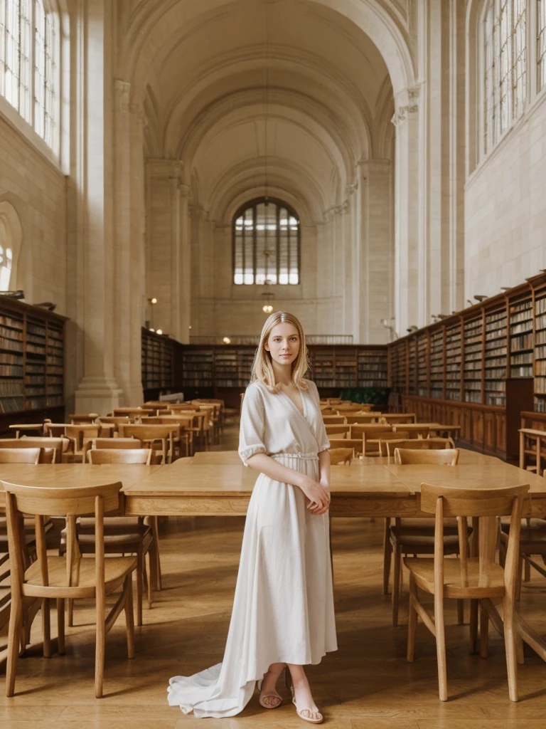 her name is Marie, high quality, 1girl, ((20-year-old fit Caucasian woman)), ((20 years old)), ((fit)), ((pale skin tone)), medium length straight blonde hair , wearing Pastel Lavender Linen Wrap Dress, pose: standing, background: Write about the tranquil ambiance of the New York Public Library's Rose Main Reading Room, where rows of elegant oak tables are bathed in natural light from the massive windows.