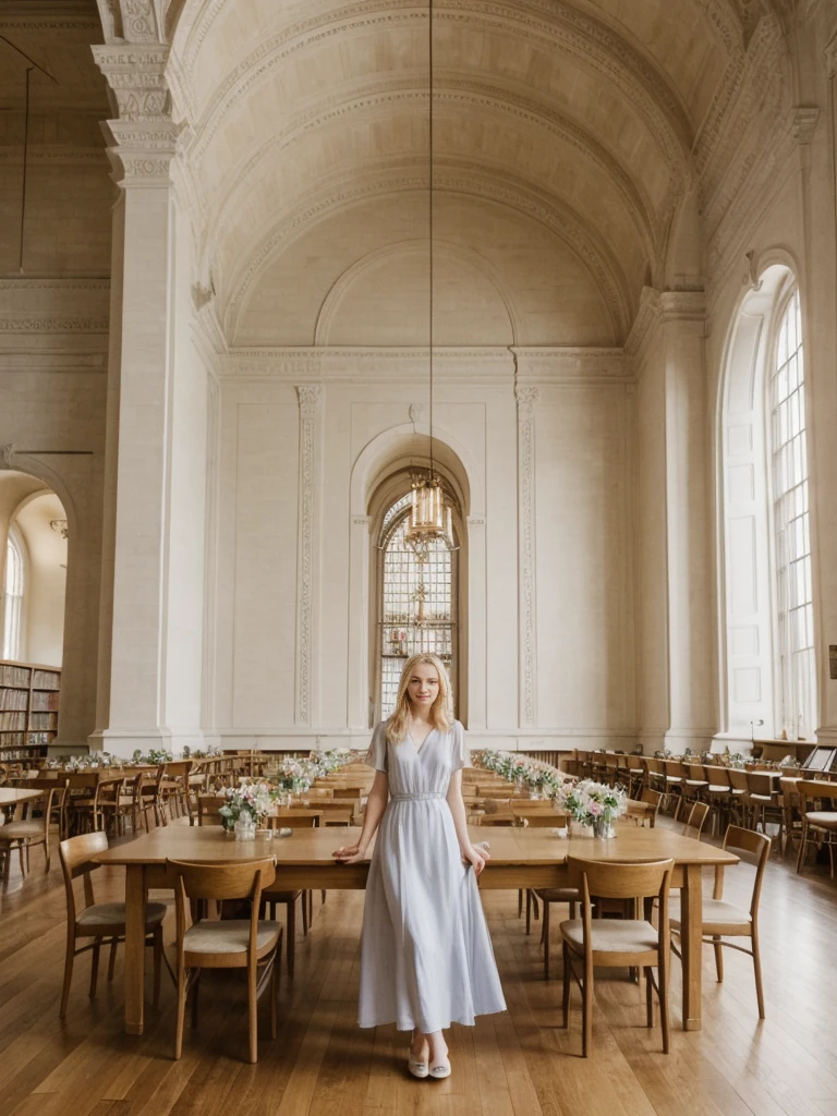 her name is Marie, high quality, 1girl, ((20-year-old fit Caucasian woman)), ((20 years old)), ((fit)), ((pale skin tone)), medium length straight blonde hair , wearing Pastel Lavender Linen Wrap Dress, pose: standing, background: Write about the tranquil ambiance of the New York Public Library's Rose Main Reading Room, where rows of elegant oak tables are bathed in natural light from the massive windows.