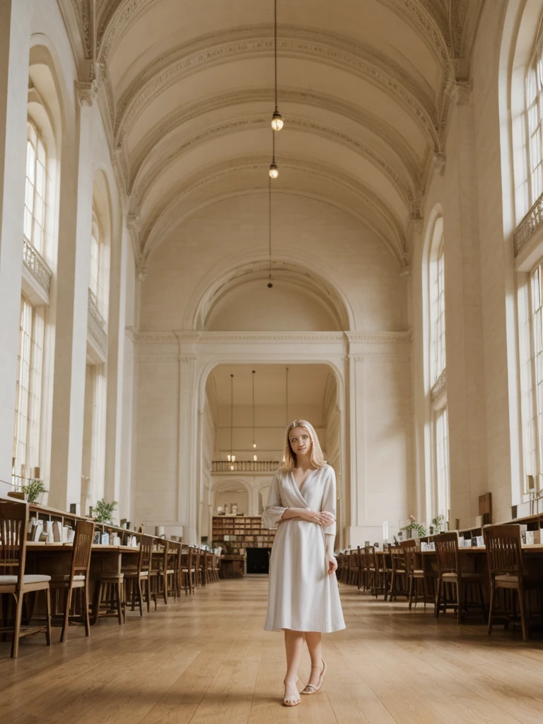 her name is Marie, high quality, 1girl, ((20-year-old fit Caucasian woman)), ((20 years old)), ((fit)), ((pale skin tone)), medium length straight blonde hair , wearing Pastel Lavender Linen Wrap Dress, pose: standing, background: Write about the tranquil ambiance of the New York Public Library's Rose Main Reading Room, where rows of elegant oak tables are bathed in natural light from the massive windows.