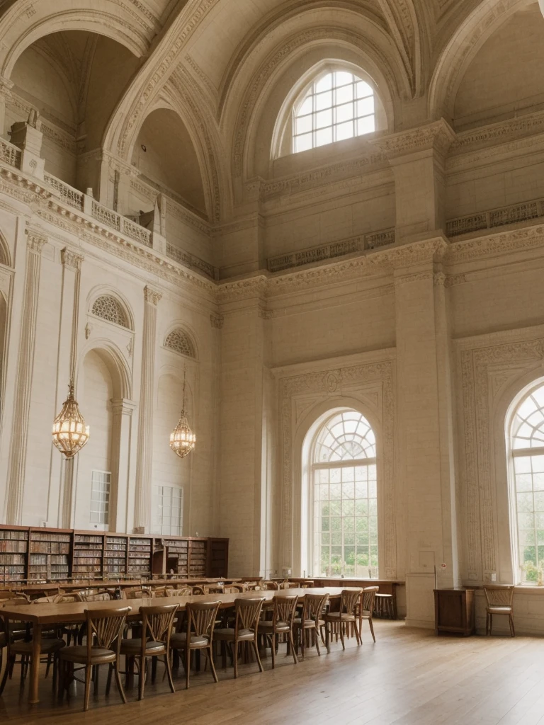 her name is Marie, high quality, 1girl, ((20-year-old fit Caucasian woman)), ((20 years old)), ((fit)), ((pale skin tone)), medium length straight blonde hair , wearing Pastel Lavender Linen Wrap Dress, pose: standing, background: Write about the tranquil ambiance of the New York Public Library's Rose Main Reading Room, where rows of elegant oak tables are bathed in natural light from the massive windows.