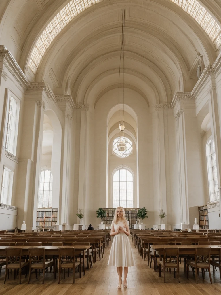 her name is Marie, high quality, 1girl, ((20-year-old fit Caucasian woman)), ((20 years old)), ((fit)), ((pale skin tone)), medium length straight blonde hair , wearing Pastel Lavender Linen Wrap Dress, pose: standing, background: Write about the tranquil ambiance of the New York Public Library's Rose Main Reading Room, where rows of elegant oak tables are bathed in natural light from the massive windows.