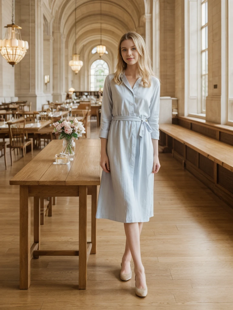 her name is Marie, high quality, 1girl, ((20-year-old fit Caucasian woman)), ((20 years old)), ((fit)), ((pale skin tone)), medium length straight blonde hair , wearing Pastel Lavender Linen Wrap Dress, pose: standing, background: Write about the tranquil ambiance of the New York Public Library's Rose Main Reading Room, where rows of elegant oak tables are bathed in natural light from the massive windows.