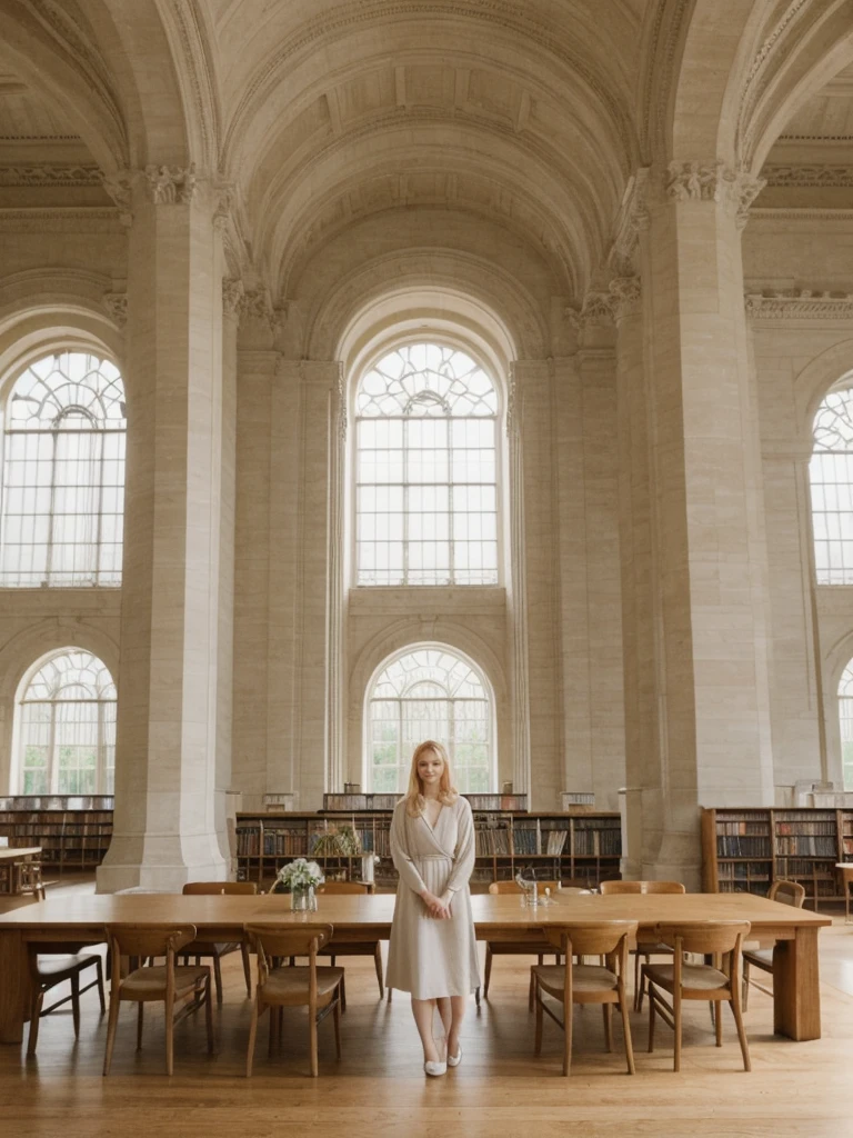 her name is Marie, high quality, 1girl, ((20-year-old fit Caucasian woman)), ((20 years old)), ((fit)), ((pale skin tone)), medium length straight blonde hair , wearing Pastel Lavender Linen Wrap Dress, pose: standing, background: Write about the tranquil ambiance of the New York Public Library's Rose Main Reading Room, where rows of elegant oak tables are bathed in natural light from the massive windows.