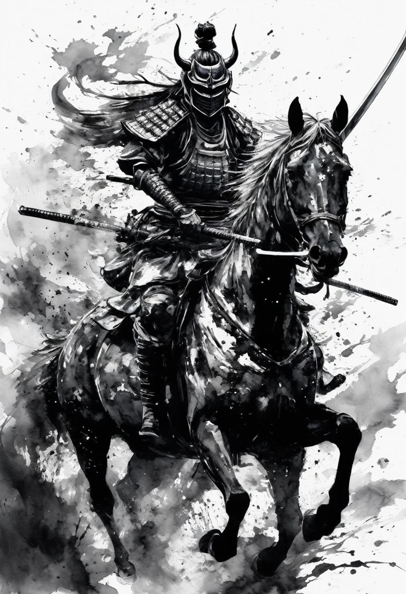 Black and white painting,Ink Painting,Brush splashes,(hannya face mask,samurai armor:1.2),(Holding a sword),Armored horse,horse riding,