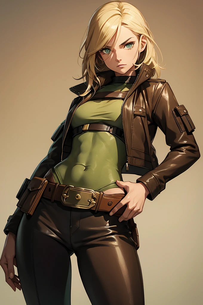 Female smuggler from Star Wars. Tatooine background. Young, fit. Blonde longer hair. Green eyes. Wearing tight leather brown leggings with a belt. Short jacket or vest.