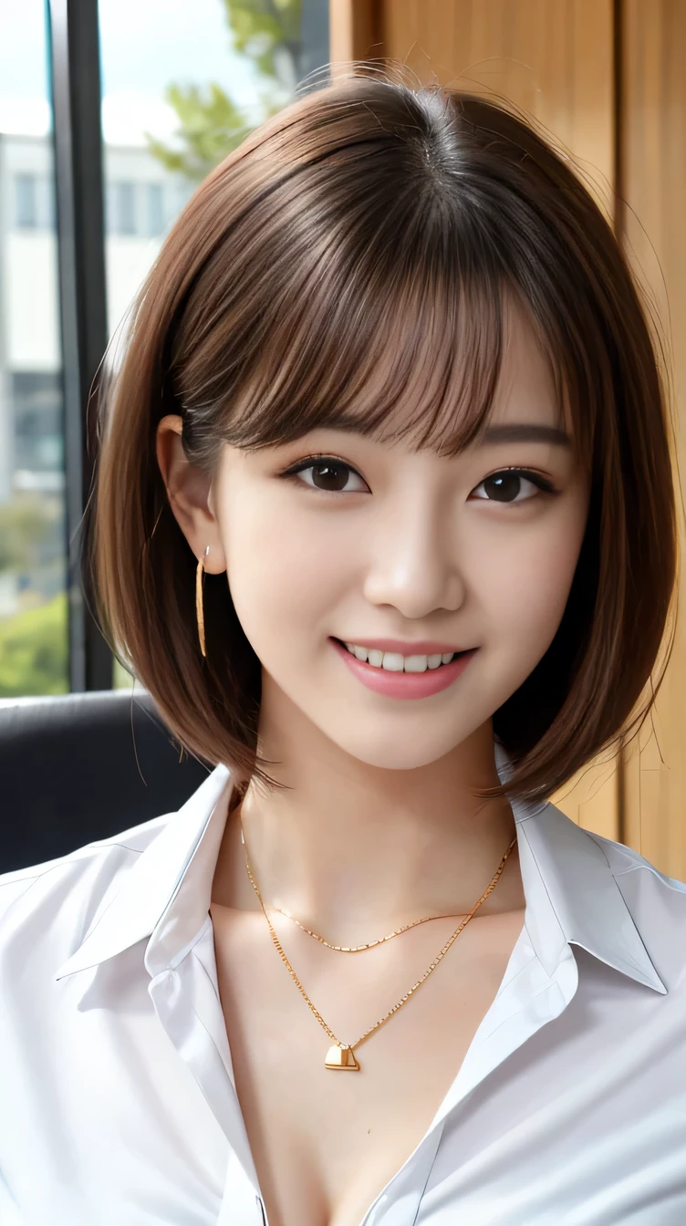 high quality:1.2), RAW Photos, High resolution, Very detailed, Intricate details,、Dark eyeliner、Brown Hair、Short Haircut、ear piercing、smile、Emphasis on teeth、, (Front view, ), Clear beauty, Necklace around the neck、,, (High Quality Fabric, Office Lady Suits、Jacket、Unbuttoned white shirt) 、Detailed face, indoor,