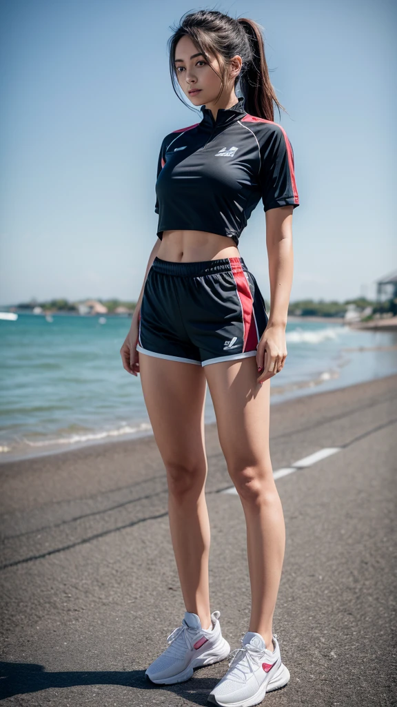 Lady in shirt and sport shorts full body 