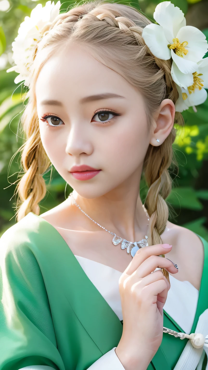 Japanese girls are very cute。Big green eyes、White kimono、Wearing flashy national costumes、Blonde braids、Wearing lots of flashy jewelry、Royal Girl、