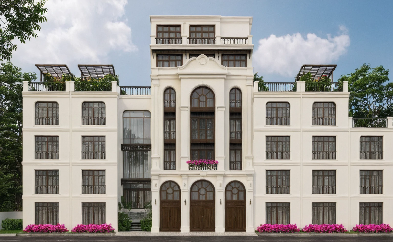 Raw photo, Masterpiece, high quality, best quality, realistic, super detailed, exterior, outdoor, Indochine house style, Many roadside bougainvillea flowers, white walls, large glass windows, aiaigroup road, sidewalk summer, grass, trees, sky, clouds, (date: 1.1), vivid colors