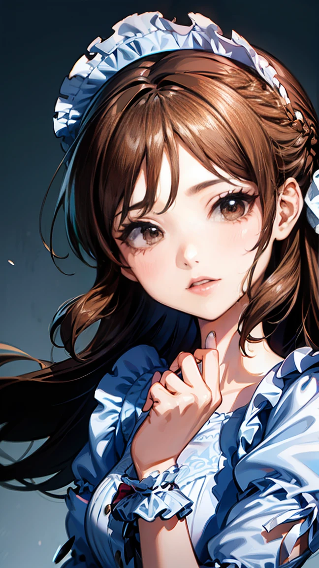 (high quality、High resolution、超High resolution,４ｋ、８ｋ)、pretty girl、10th Generation、Long eyelashes、Big eyes、Clear Eyes、Cherry-colored cheeks、(Anatomically correct)、well-proportioned body、Sharp body、Beautiful clavicle、French Braid、( Beautiful Lolita Dresses:1.4,Cute with frills)、Digital Painting,
