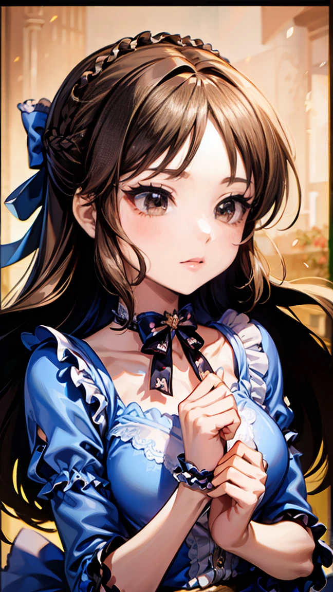 (high quality、High resolution、超High resolution,4k、8k)、pretty girl、10th Generation、Long eyelashes、Big eyes、Clear Eyes、Cherry-colored cheeks、(Anatomically correct)、well-proportioned body、Sharp body、Beautiful clavicle、French Braid、( Beautiful Lolita Dresses:1.4,Cute with frills)、Digital Painting,