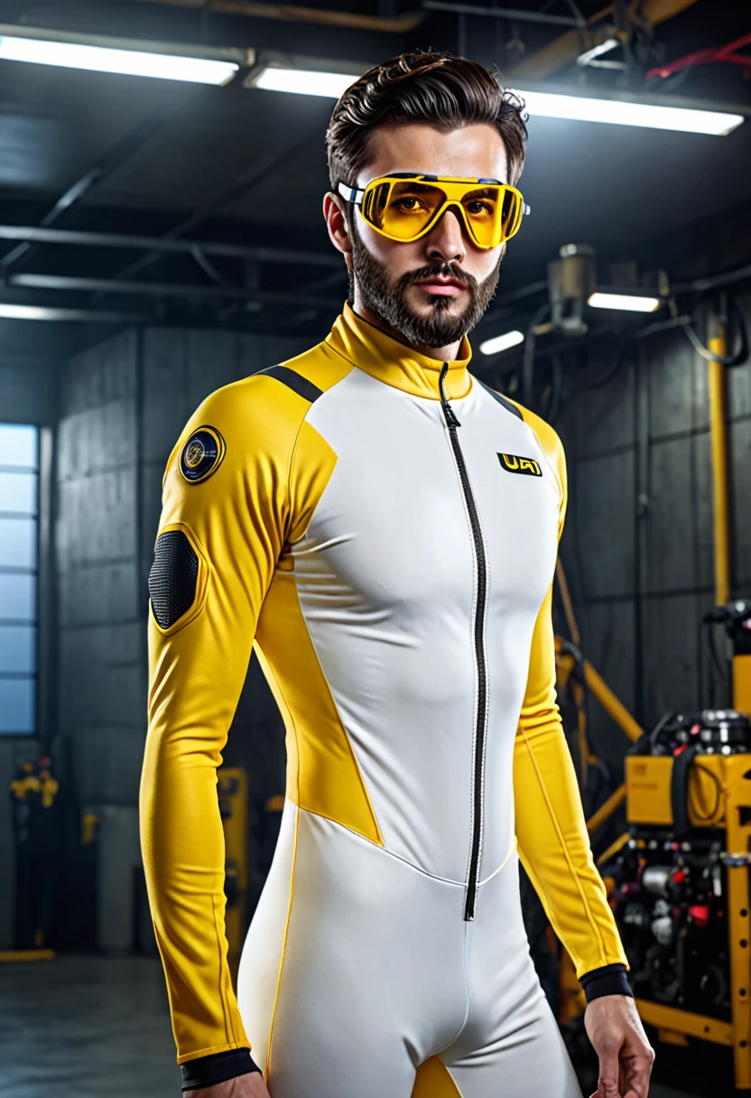 a serious looking young man, short dark hair, neatly trimmed beard, penetrating eyes, thick eyebrows, robust facial features, yellow and white form-fitting speedsuit, long sleeves, yellow boots integrated into suit, aviator goggles, (best quality,4k,8k,highres,masterpiece:1.2),ultra-detailed,(realistic,photorealistic,photo-realistic:1.37),HDR,UHD,studio lighting,extremely detailed facial features,extremely detailed clothing,extremely detailed accessories,extremely detailed background,cinematic lighting,dramatic lighting,vivid colors,sharp focus