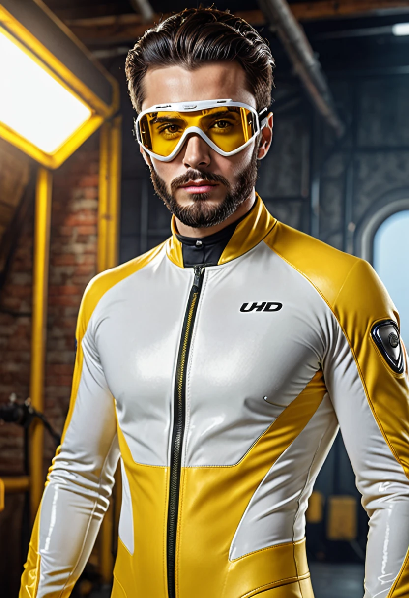 a serious looking young man, short dark hair, neatly trimmed beard, penetrating eyes, thick eyebrows, robust facial features, yellow and white form-fitting speedsuit, long sleeves, yellow boots integrated into suit, aviator goggles, (best quality,4k,8k,highres,masterpiece:1.2),ultra-detailed,(realistic,photorealistic,photo-realistic:1.37),HDR,UHD,studio lighting,extremely detailed facial features,extremely detailed clothing,extremely detailed accessories,extremely detailed background,cinematic lighting,dramatic lighting,vivid colors,sharp focus
