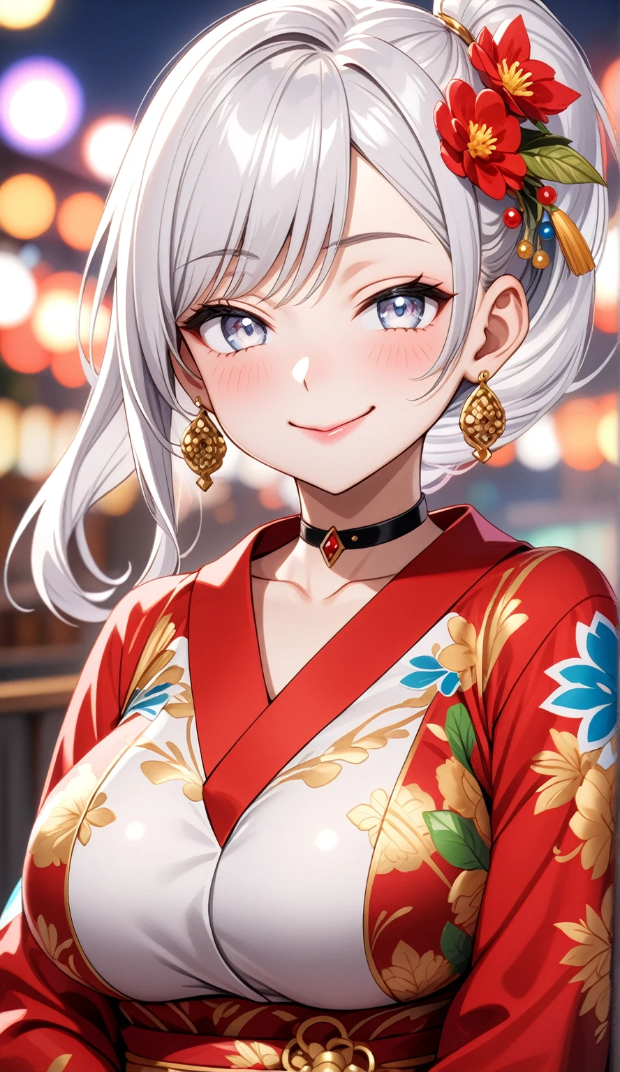 (One personの女性)), Beautiful Face, (Laughing embarrassedly), ((smirk)), ((Wink:2.0)), Laugh with your mouth wide open,((Bright red cheeks:1.4)),Shiny red lips, night,rooftop,Festivals, firework,Glossy red lips,Facial lighting,((Anime style background)),masterpiece, Highest quality, so beautiful,up to date, Complex details, ((midriff peek)), (Pink long nails), (ring),(bracelet),(choker),AI-generated, Complex,High resolution, Highest quality, super high quality,3D Images、3D Images,One person,Long white hair in a high side ponytail,(blue eyes), ((Fine grain、Silvery white colorful eyes、Shining Eyes:1.4)), (Squint your eyes:1.1), 写真のポーズをとるAnime Women, a hyperRealistic , hyperRealistic , Realistic,Anime Women, Smooth anime CG art, A woman in a colorful kimono with gold embroidery, (Black long sleeve kimono), Red floral pattern,Long flower hair ornament,Earrings,Mature Body,(Big Breasts:1.1),Tall,Narrow waist,(Zoom in on face:1.5),
