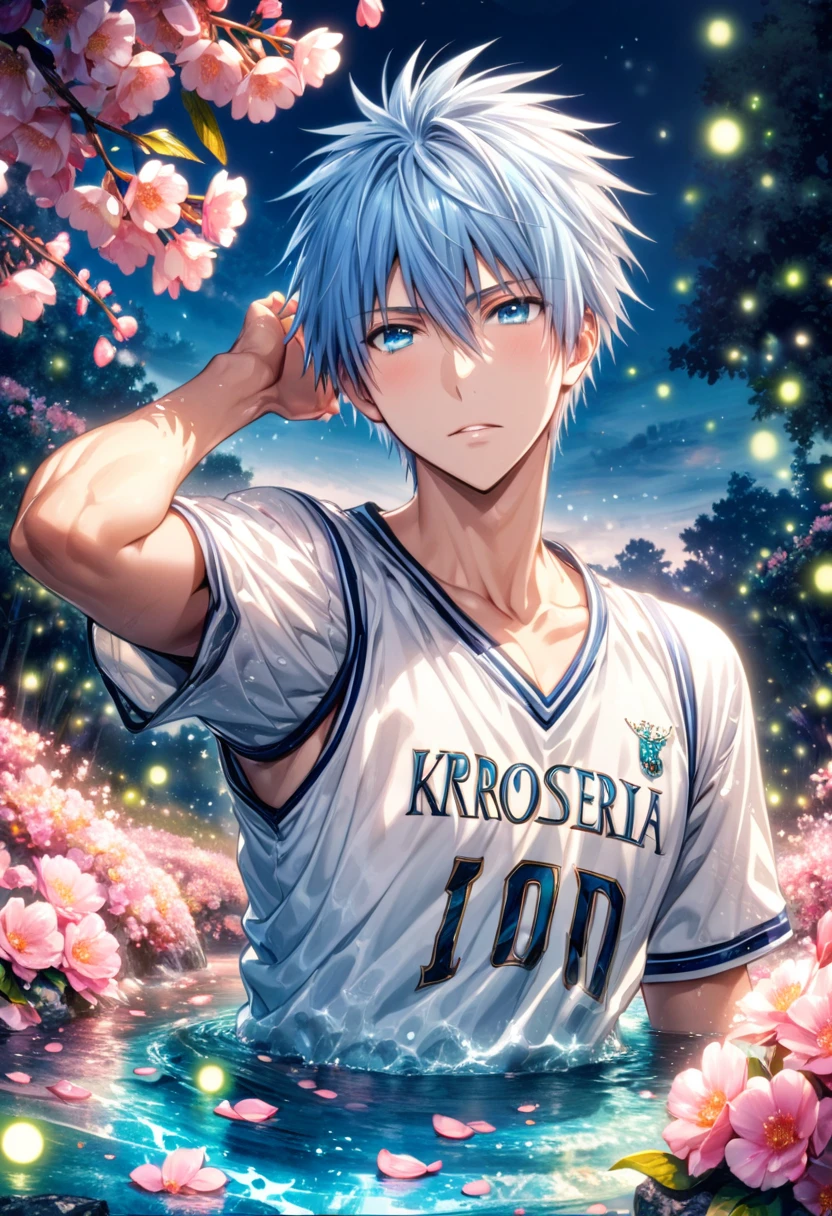 Ultra detailed, highres, absurdres, HDR, master piece, Kuroko Tetsuya, light blue hair, expressive light blue eyes, Kuroko No Basket, fantasy, pink petals, pink flowers, water, handsome, sexy man, solo, best quality, blossoms, blue shining fireflies, white basketball clothes, the word "Krozseria" is written on his shirt