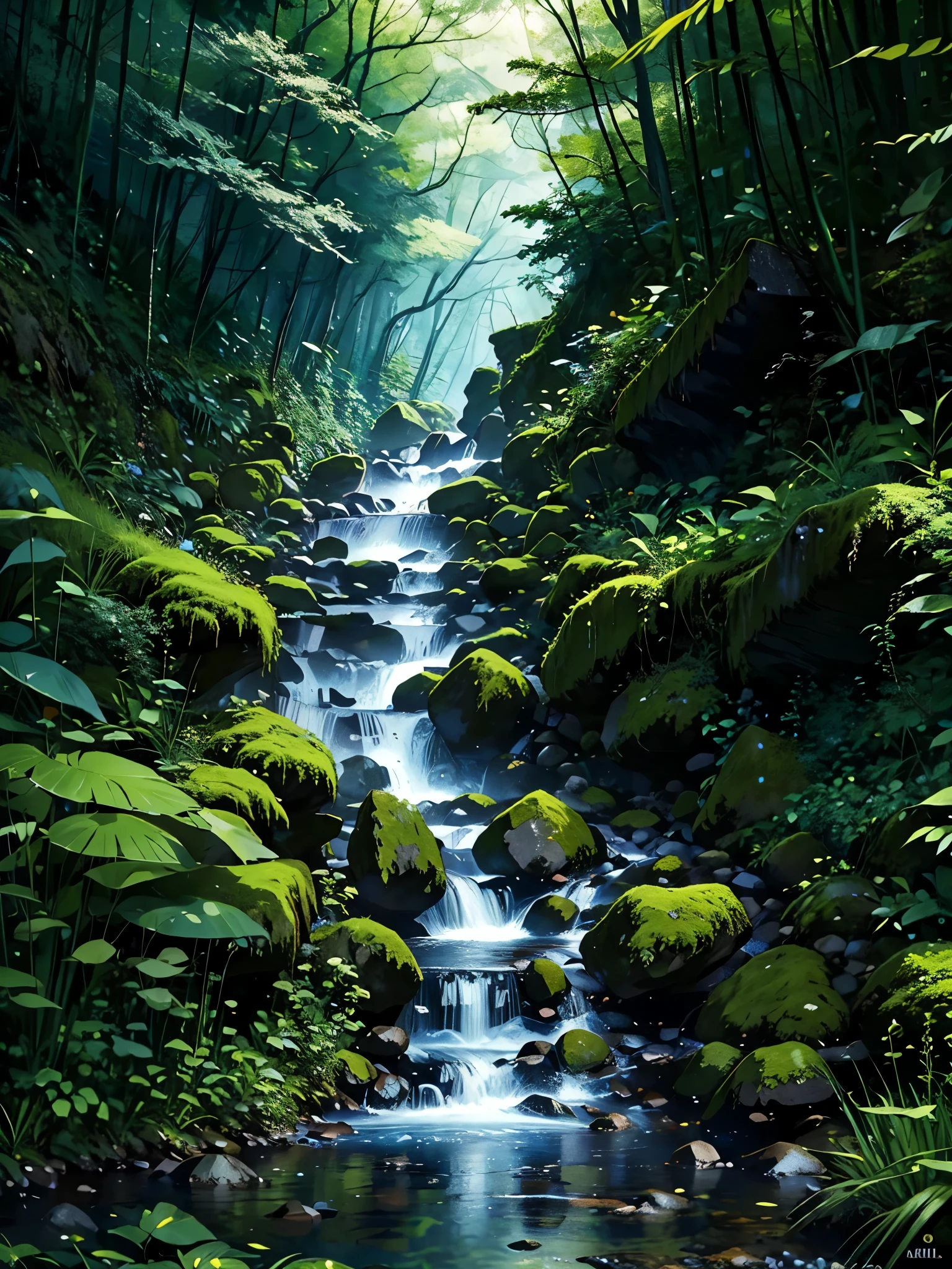 painting of a stream running through a green forest full of trees, detailed painting 4k, mountains river trees, Anime Landscape Wallpaper, Bela arte UHD 4K, anime rural landscape, detailed scenery - width 672, cute digital painting, highly detailed digital art in 4k, beautiful anime scenery, High-quality, detailed artwork in 8K, nature of anime wallpap, nature of anime