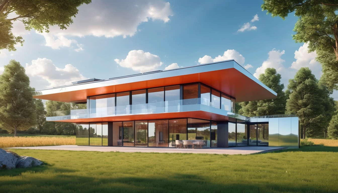A futuristic version of the farmhouse with sleek, metallic architecture and advanced technology, contrasting with the natural setting. Hyper realistic photo, vibrant colors, 16k