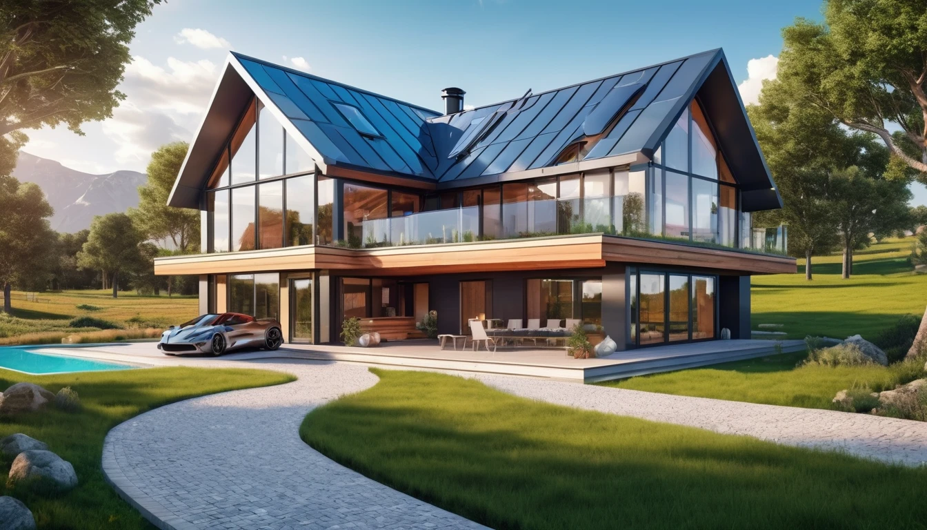A futuristic version of the farmhouse with sleek, metallic architecture and advanced technology, contrasting with the natural setting. Hyper realistic photo, vibrant colors, 16k