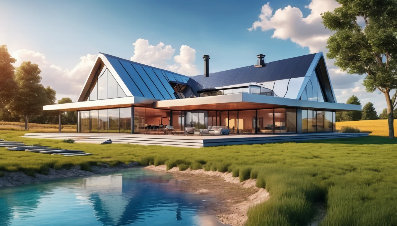 A futuristic version of the farmhouse with sleek, metallic architecture and advanced technology, contrasting with the natural setting. Hyper realistic photo, vibrant colors, 16k