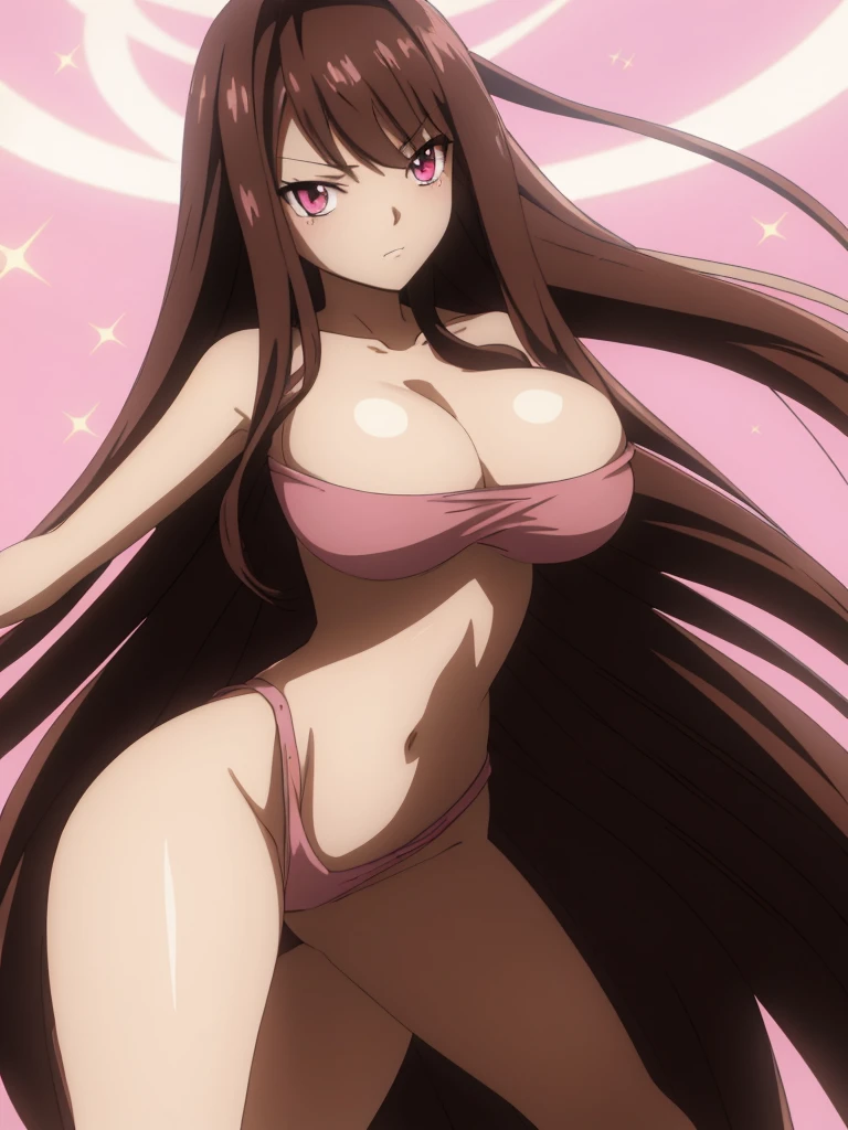 high quality, high resolution, anime art, 1girl, solo, long hair, looking at viewer, swept bangs, light-pink eyes, sexy, skinny waist, smirking, huge breast, (very curvy body), long wavy hair, dark brown hair, dark skin, brown colored skin tone, pink glittery latex dress, light pink fur coat, cowboy shot, close-up, fairy_tail_style:1.1, palace background