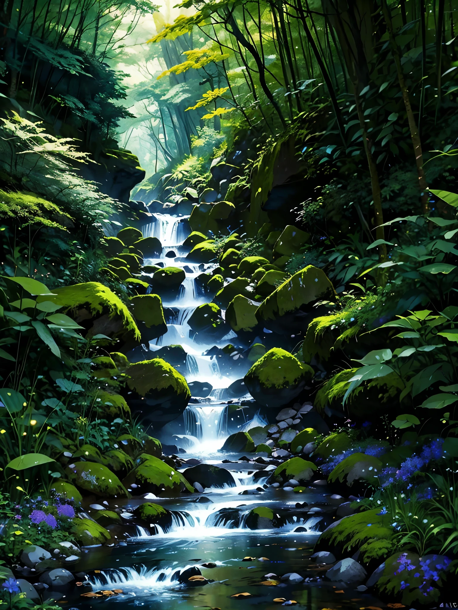 painting of a stream running through a green forest full of trees, detailed painting 4k, mountains river trees, Anime Landscape Wallpaper, Bela arte UHD 4K, anime rural landscape, detailed scenery - width 672, cute digital painting, highly detailed digital art in 4k, beautiful anime scenery, High-quality, detailed artwork in 8K, nature of anime wallpap, nature of anime