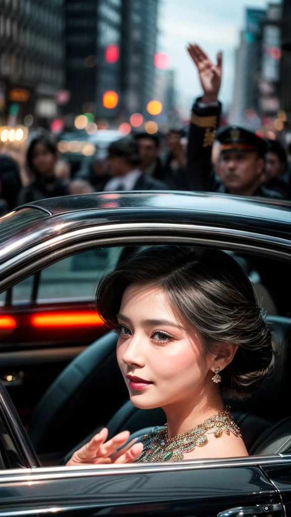 a queen waving to the crowd from an open car, guarded by uniformed bodyguards, detailed portrait, beautiful detailed eyes, beautiful detailed lips, extremely detailed eyes and face, long eyelashes, elegant dress, luxurious car, large crowd, cityscape background, high resolution, 8k, photorealistic, dramatic lighting, vibrant colors, cinematic composition
