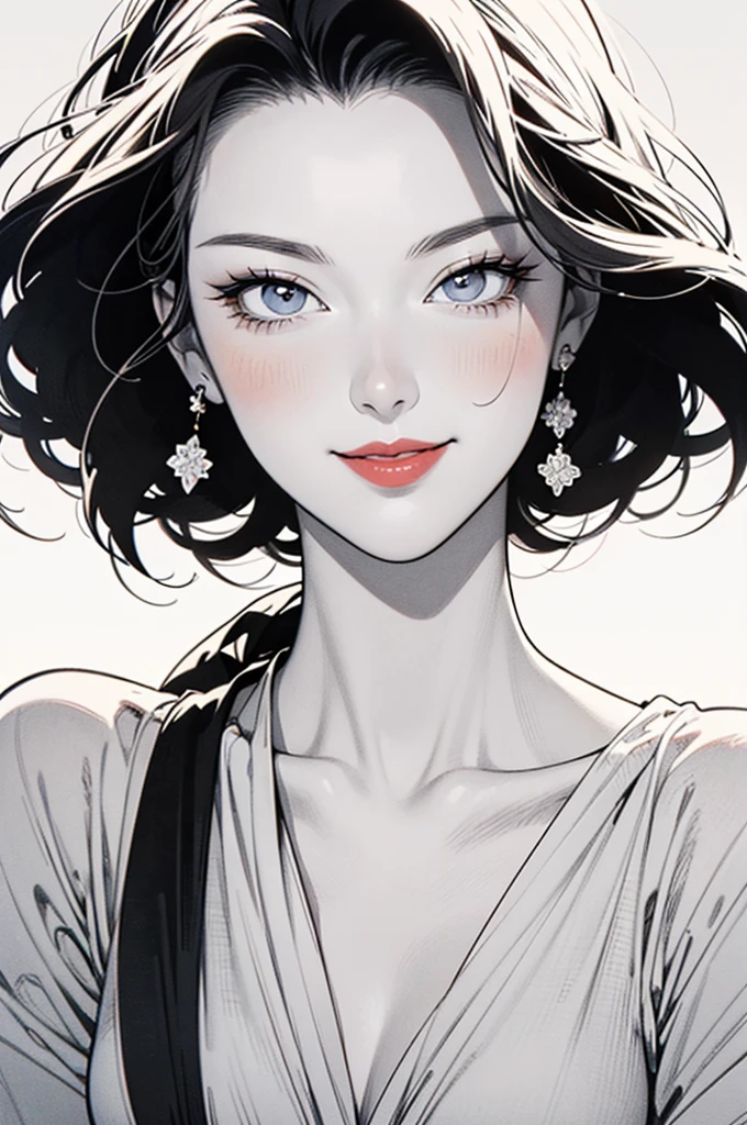 ((Manga illustration)), ((Carole Bouquet)) close up portrait ,solo , medium short hair, looking at viewer, blush , smile , happy , red lipstick,close up portrait, solo, focus on eyes, plain background, (in vector style), ((monochrome Manga drawing))
