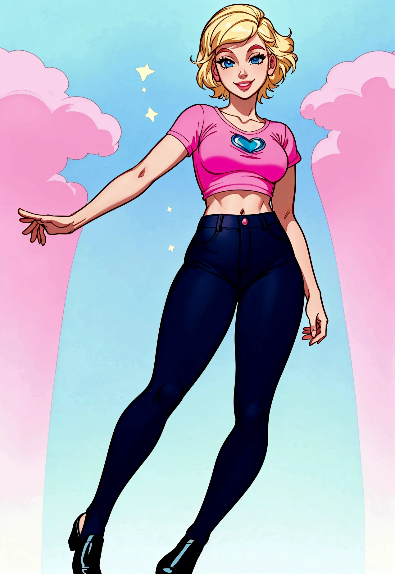(disney style), (masterpiece, best quality:1.2), disney ariel, blonde short hair, blue eyes, pink top, black jeans, galoshes, smile, standing, front. white background. whole body. 6 abs