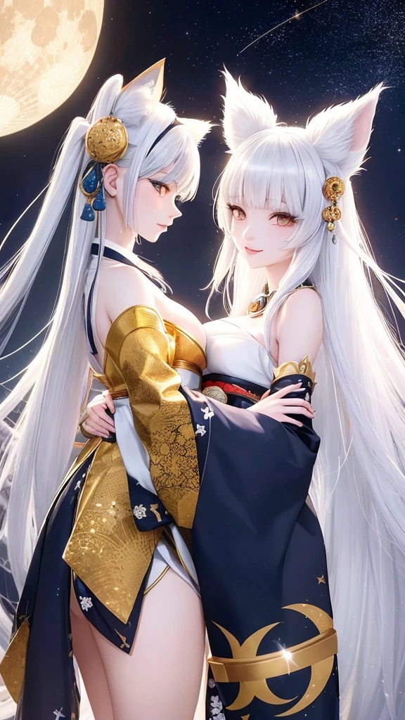 ((1 girl, One woman photo:1.5))((Woman in floral kimono、A woman posing elegantly:1.4、Detailed face、bright表情、young, bright, Whiter skin、Best Looks、Ultimate beauty、White hair with shiny highlights、輝くbright髪,、Style your hair:1.2、Hair dancing in the wind))(Inside an old house in Japan、night、Indirect lighting creates a wonderful atmosphere)((Off-the-shoulder style、Expose your shoulders、Expose the neck、Exposing cleavage:1.2))The sleeves of the kimono are connected((Black kimono with floral pattern and red obi:1.3)