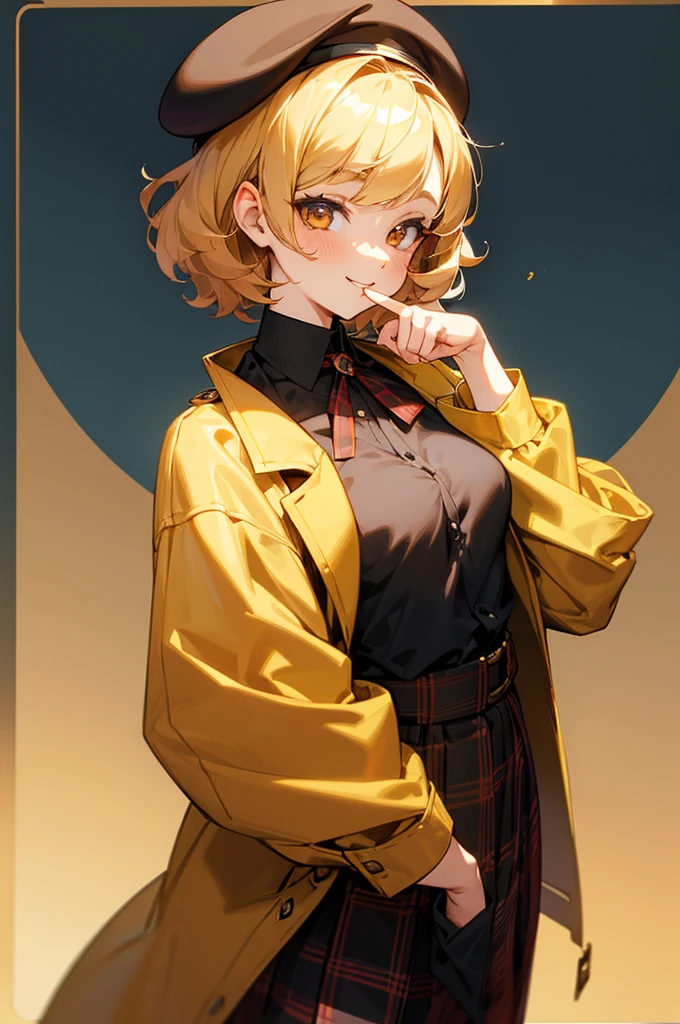 cute woman, gorgeous and beautiful face, a smile in her face, short curly hair, golden hair, big eyes, golden eyes, wearing a plaid jacket, a shirt, a skirt and a beret, small breast, anime style.