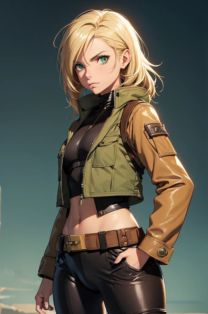 Female smuggler from Star Wars. Tatooine background. Young, fit. Blonde longer hair. Green eyes. Wearing tight leather brown leggings with a belt. Short jacket or vest. Visible cameltoe