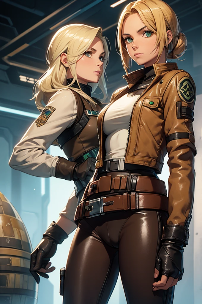 Female smuggler from Star Wars. Tatooine background. Young, fit. Blonde longer hair. Green eyes. Wearing tight leather brown leggings with a belt. Short jacket or vest. Visible cameltoe