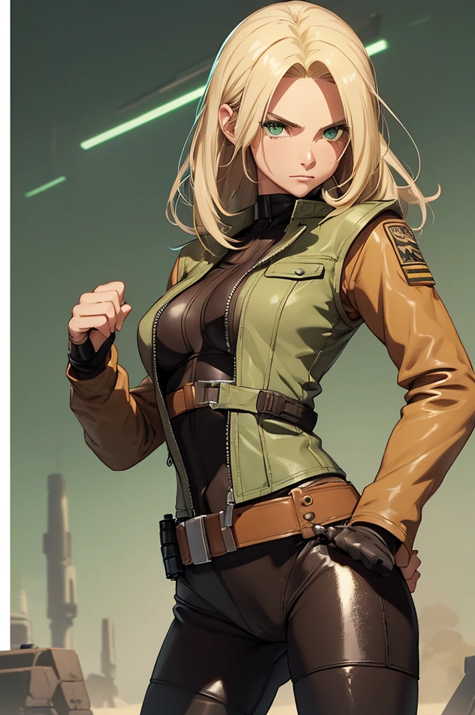 Female smuggler from Star Wars. Tatooine background. Young, fit. Blonde longer hair. Green eyes. Wearing tight leather brown leggings with a belt. Short jacket or vest. Visible cameltoe