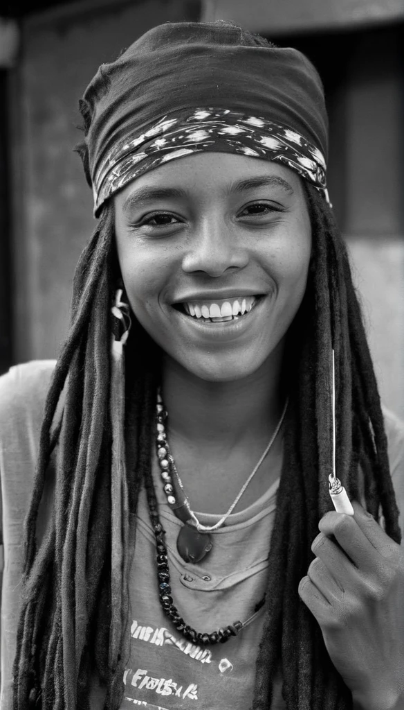 Close up of a beautiful jamaican girl with rasta accessories, smiling at the camera while holding a blunt joint cigarette, black and white with cinematic lighting 