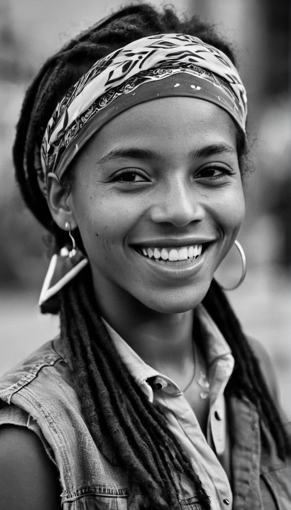 Close up of a beautiful jamaican girl with long dreadlocks, a bandana, a sunglasses over her bandana, and rasta accessories, smiling at the camera while holding a cigarette, black and white with cinematic lighting