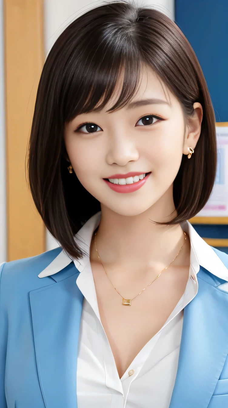 high quality:1.2), RAW Photos, High resolution, Very detailed, Intricate details,、Black Hair、Short Haircut、ear piercing、smile、Emphasis on teeth、, (Front view, ), Clear beauty, Necklace around the neck、,, (High Quality Fabric, Office Lady Suits、Jacket、Unbuttoned white shirt) 、Detailed face, indoor,