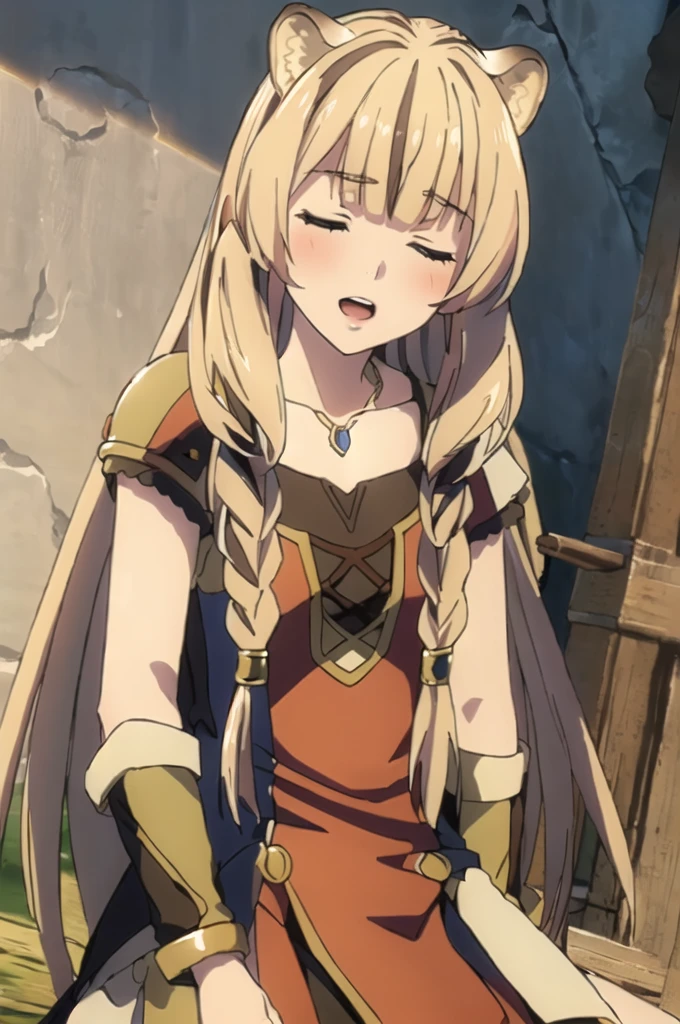 ((masterpiece)), (best quality), (ultra-detailed), photorealistic, (best illustration), ((an extremely delicate and beautiful)), 1girl, raphtalia clothes, armor, sword, solo, long hair, tiger ears, white hair, two-tone hair, facing viewer, closed eyes, short sleeves, school, low twin braids, twin braids, hair ornament, blush, head tilt, upper teeth, flat chest, young, aged down, happy, collarbone, necklace,  