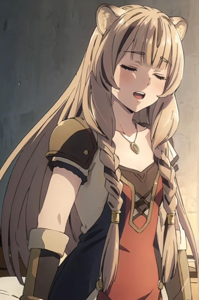 ((masterpiece)), (best quality), (ultra-detailed), photorealistic, (best illustration), ((an extremely delicate and beautiful)), 1girl, raphtalia clothes, armor, sword, solo, long hair, tiger ears, white hair, two-tone hair, facing viewer, closed eyes, short sleeves, school, low twin braids, twin braids, hair ornament, blush, head tilt, upper teeth, flat chest, young, aged down, happy, collarbone, necklace,  